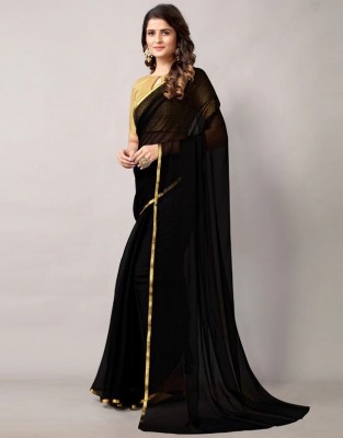 V And V Shop Solid/Plain Bollywood Chiffon Saree(Black)