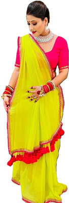 Brahmani Creation Embroidered Bollywood Georgette, Chiffon Saree(Yellow, Pink)