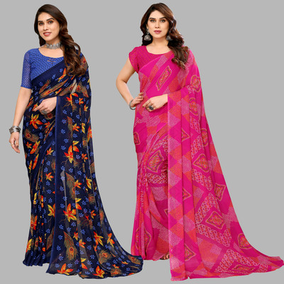 Anand Sarees Printed Daily Wear Georgette Saree(Pack of 2, Dark Blue, Pink)