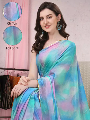 peer store Printed, Graphic Print, Digital Print, Ombre, Self Design Bollywood Chiffon, Georgette Saree(Light Blue)