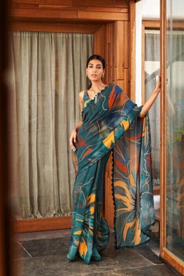 Panchvati NX Floral Print Bollywood Crepe Saree(Blue)