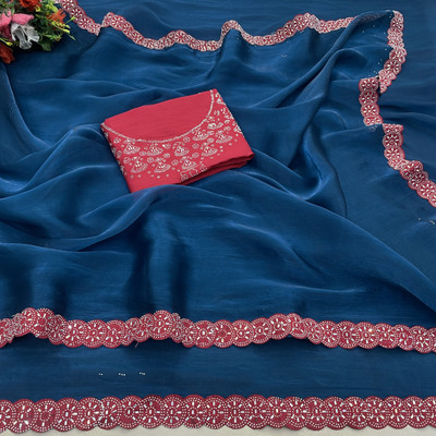 VarniRaaj Fashion Embellished Bollywood Silk Blend Saree(Blue)