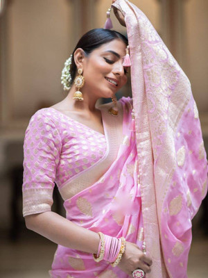 Sita Woven Kanjivaram Art Silk, Pure Silk Saree(Pink, White)