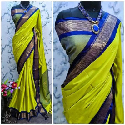 VEERAETHNIC Woven Paithani Cotton Silk Saree(Light Green, Blue)