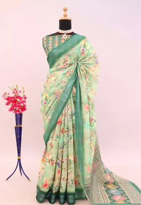 VCREATION Digital Print Bollywood Linen Saree(Green)