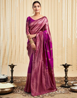 Divastri Woven Kanjivaram Silk Blend, Jacquard Saree(Magenta, Brown)