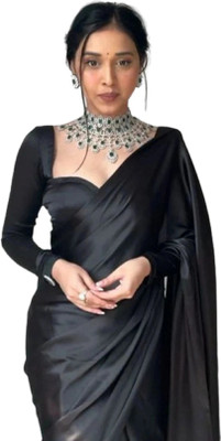 Sataz Solid/Plain Pre Draped Saree Satin Saree(Black)