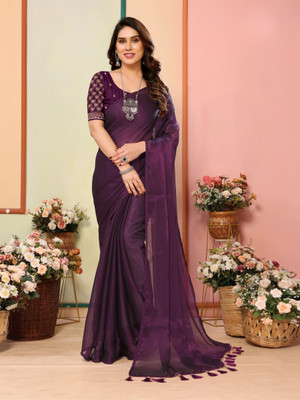 SARETRA MALL Solid/Plain Bollywood Silk Blend Saree(Purple)