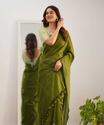 ACHOL Solid/Plain Handloom Cotton Blend Saree(Green)