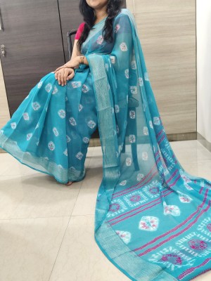 VD PRINTS Printed Handloom Chiffon Saree(Light Blue)