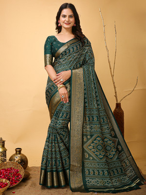 Sareemall Printed Bandhani Silk Blend Saree(Green)