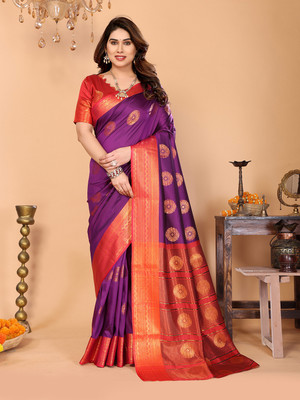 VILLAGIUS Printed Kanjivaram Silk Blend Saree(Magenta)