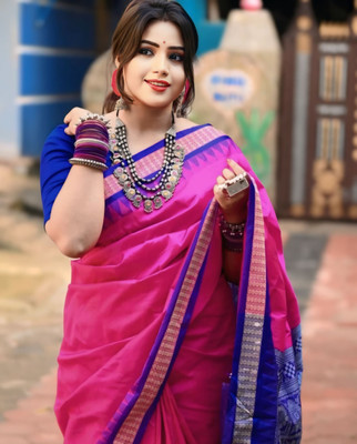 AYEZAL Solid/Plain, Temple Border Sambalpuri Handloom Silk Blend Saree(Pink)