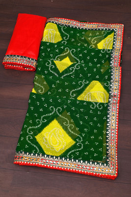 ASTEYAM Printed Bandhani Georgette Saree(Green)