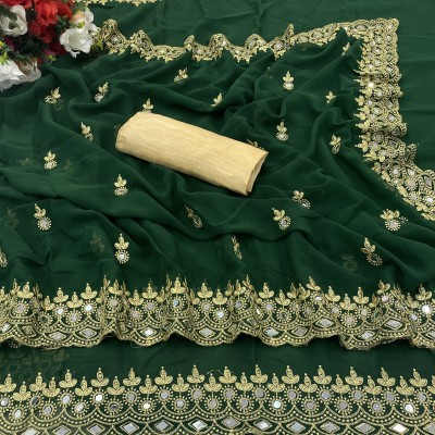 PRETTYAGE Embroidered, Self Design Bollywood Georgette, Silk Blend Saree(Green)