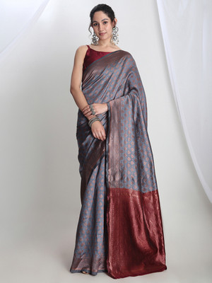Janasya Woven Banarasi Silk Blend Saree(Grey)