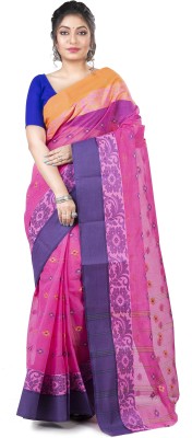 PuJoy Self Design Tant Pure Cotton Saree(Pink)