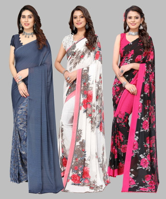 YASHIKA Printed Daily Wear Georgette Saree(Pack of 3, Grey, White, Pink)