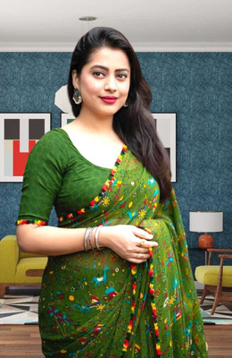 TEN R Printed Bollywood Georgette Saree(Green)