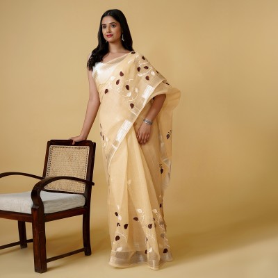 Teejh Embroidered Kota Doria Cotton Blend Saree(Brown)