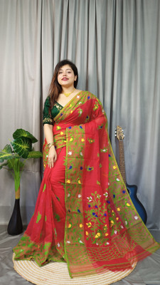 Lakshmi Boutique Animal Print Jamdani Cotton Silk Saree(Green, Yellow)