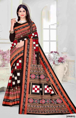 ETHNIC ODISHA HANDLOOM Printed, Digital Print, Geometric Print, Checkered, Polka Print, Graphic Print Sambalpuri Pure Cotton Saree(Black)