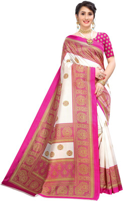 HouseOfCommon Digital Print Daily Wear Georgette Saree(White, Pink)