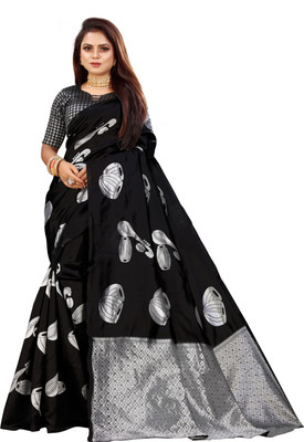 Vedant Vastram Printed Kalamkari Silk Blend Saree(Black)