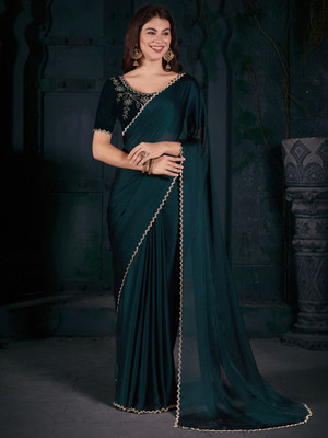 ANOUK Solid/Plain Daily Wear Polyester Saree(Blue)