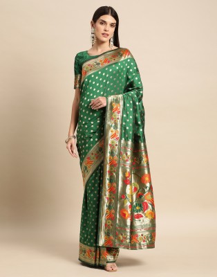 Divastri Woven, Embellished, Self Design Paithani Silk Blend Saree(Green, Multicolor)