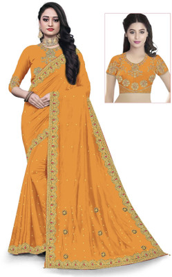 Kaan Embroidered Assam Silk Silk Blend Saree(Orange)