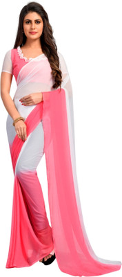 Aika Solid/Plain Daily Wear Chiffon Saree(Red, White)