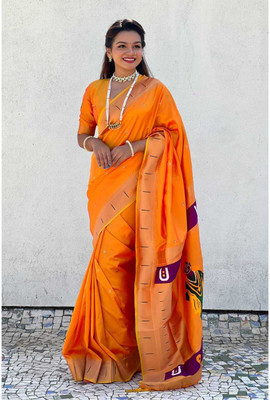 Femili Creation Embellished Paithani Art Silk Saree(Gold)