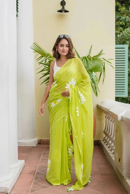 Myraani Floral Print Daily Wear Cotton Linen Saree(Light Green)