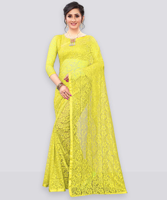 LOROFY Embellished Bollywood Net Saree(Yellow)
