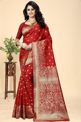kevamifashion Self Design Kanjivaram Cotton Blend Saree(Red)