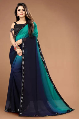WOM BAB Solid/Plain, Embellished, Self Design Bollywood Georgette Saree(Dark Blue)
