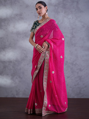 Tasrika Embroidered Bandhani Georgette Saree(Pink)
