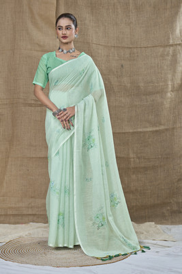 SHRIMAY Checkered Daily Wear Cotton Linen Saree(Light Green)