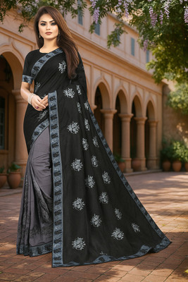 charmi nx Embroidered, Floral Print Bollywood Cotton Silk Saree(Black, Grey)