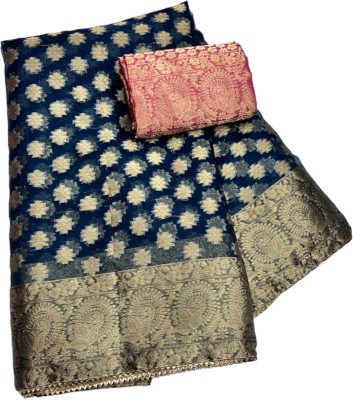 Stylish Sarees Woven, Floral Print, Self Design Banarasi Organza, Art Silk Saree(Dark Blue)