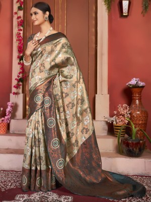Marziyaa Paisley Banarasi Cotton Silk Saree(Beige)