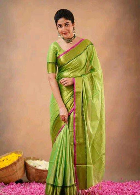 BongLooms Solid/Plain Saree with Attached Blouse Tissue Saree(Green)
