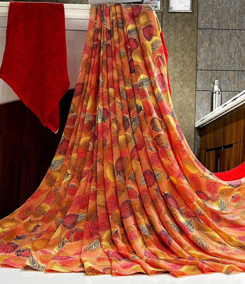 Bombey Velvat Fab Floral Print Kasavu Chiffon, Georgette Saree(Red)