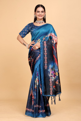 Pranamita Floral Print Bollywood Silk Blend Saree(Blue)