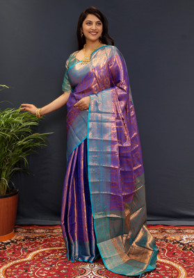 HouseOfCommon Self Design Banarasi Cotton Silk, Jacquard Saree(Blue)