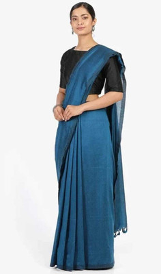 Maku Solid/Plain Handloom Pure Cotton Saree(Dark Blue)