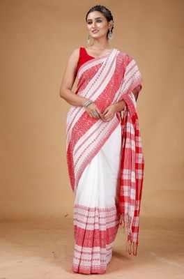 SOUMEN Woven, Self Design Handloom Pure Cotton Saree(White)