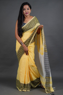 Rnn Self Design Handloom Pure Cotton Saree(Yellow)