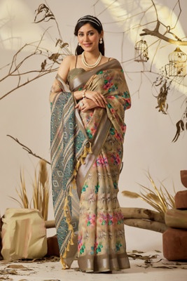 Neel Fashion Digital Print Bollywood Linen, Cotton Blend Saree(Cream)